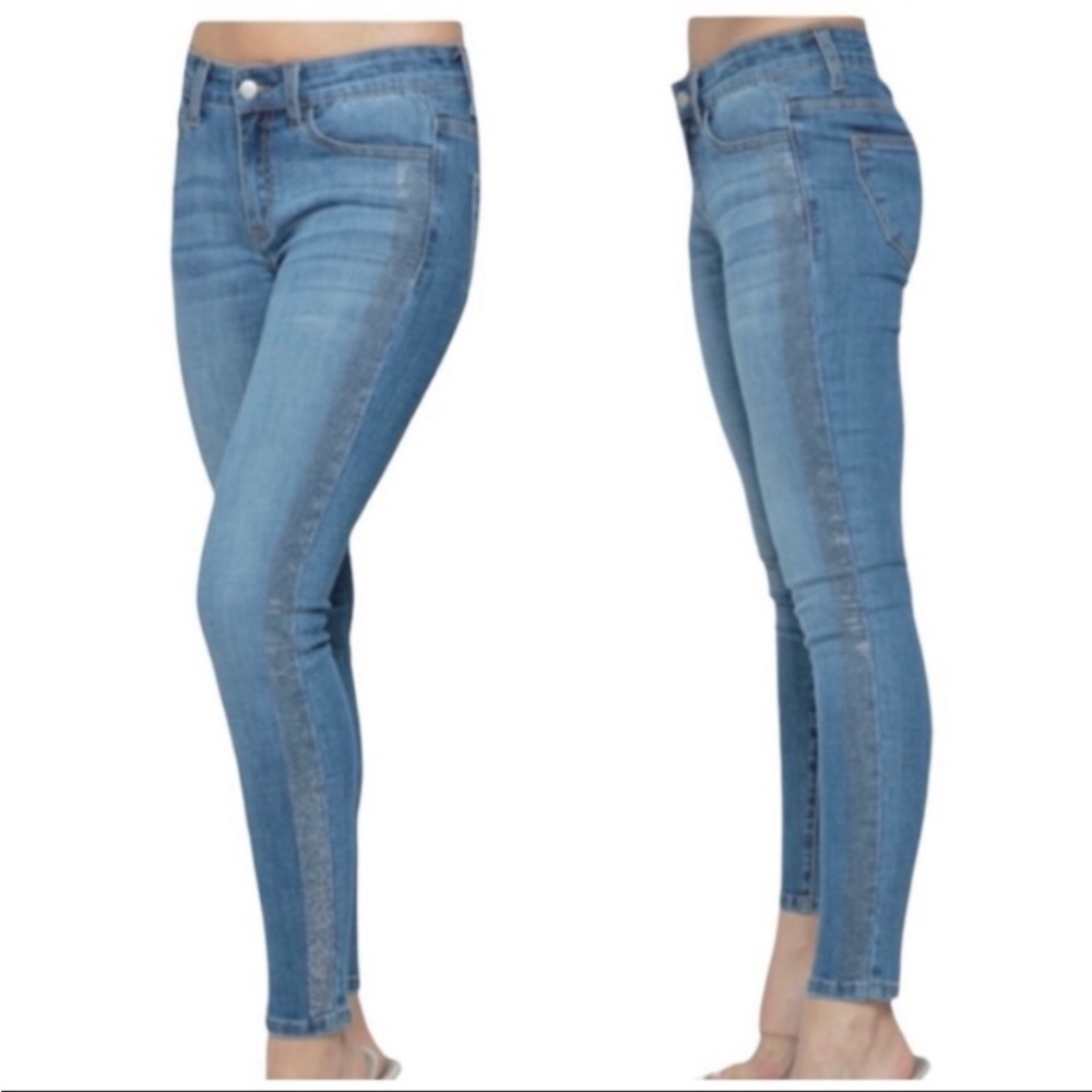 VOCAL crystal stones strip ankle jeans M